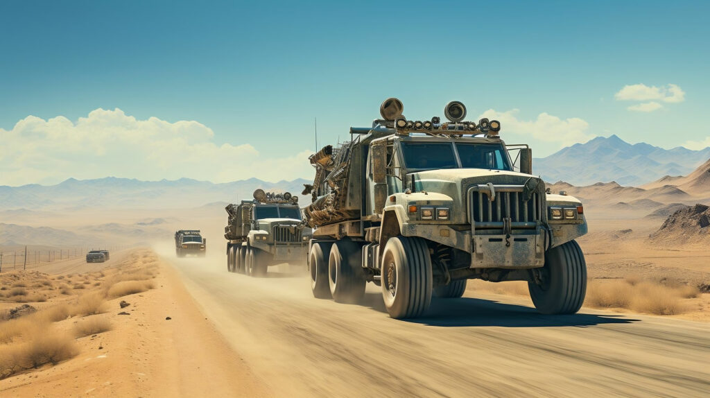 two military trucks driving down a dirt road